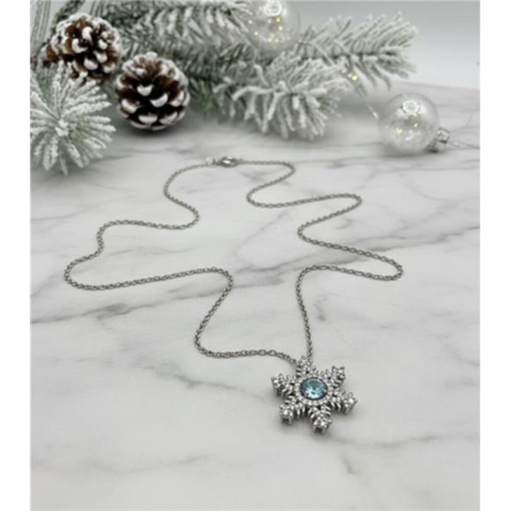 SUN BR Blue And Clear CZ Snowflake Pendant Necklace Silver Tone 18 In